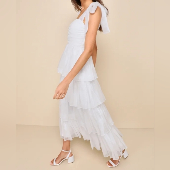 Lulus Womens Radiant Arrival Shiny White Organza Tiered Tie-Strap Maxi Dress - Picture 3 of 11